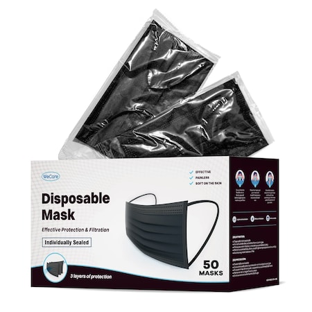 Wecare Disposable Face Mask, 3, Black, Universal, 50 PK WMN100006